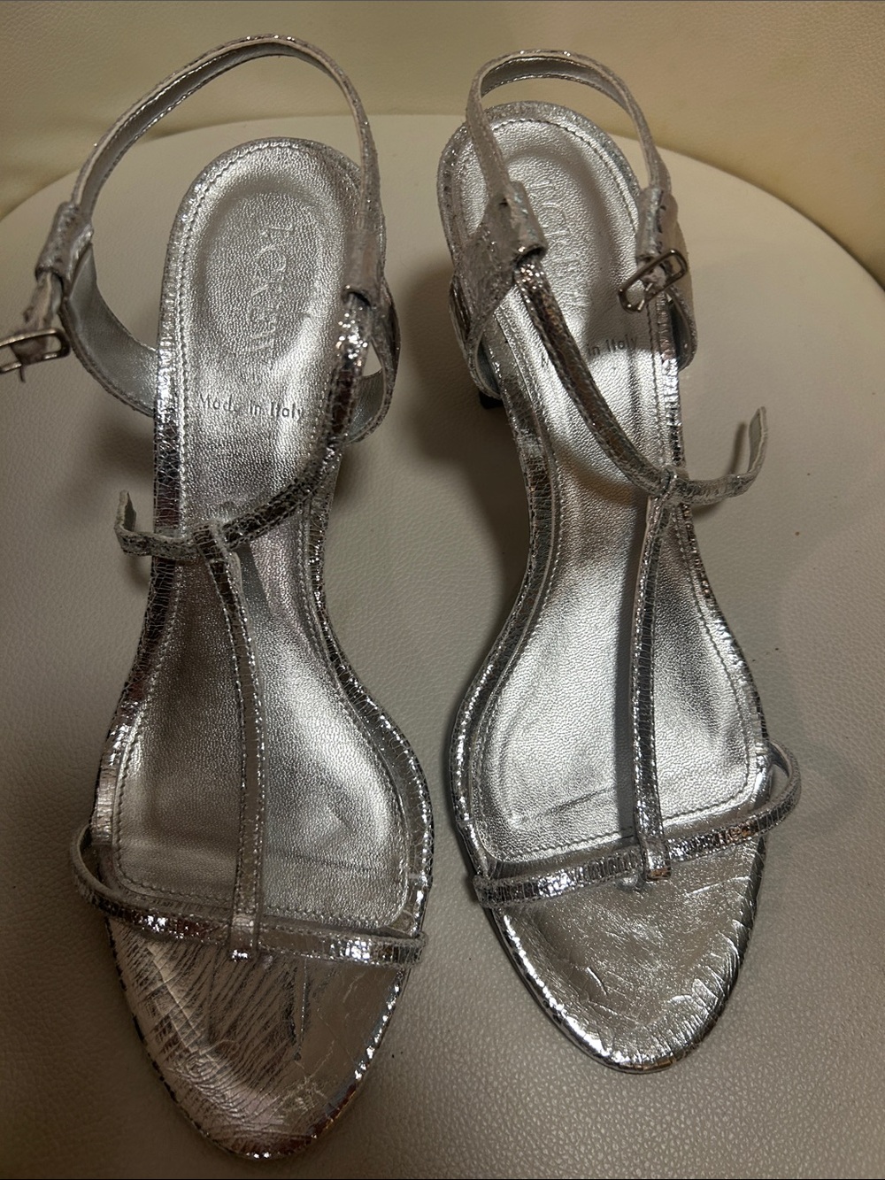 J. Crew Leather Metallic Silver T-Strap Sandals